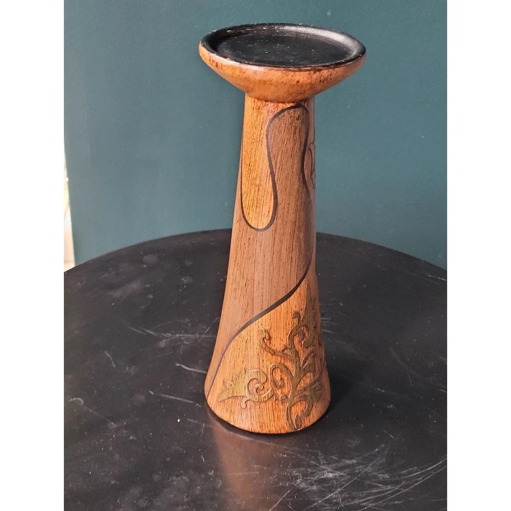 Vintage Ceramic Candle Holder Faux Bois Wood Brass Raised Scrollwork Tall Boho‎